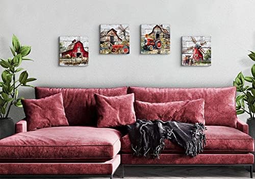Rustic Farmhouse Wall Art Country Landscape Painting Barn Windmill Truck Canvas Prints Farm Animal Cow Horse Posters Watercolor Red Rural Artwork for Dining Room Bedroom Home Decoration 14x14”4Pcs