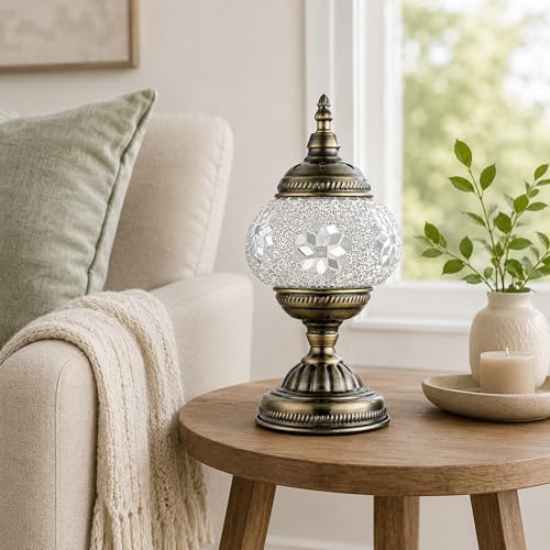 GOGERS Turkish Moroccan Table Lamp Lantern with Handmade Mosaic Glass Lampshade Tiffany Style Bohemian Stained Glass Decorative Desk Lamps Bedside Night Lights for Bedroom (White Fancy)