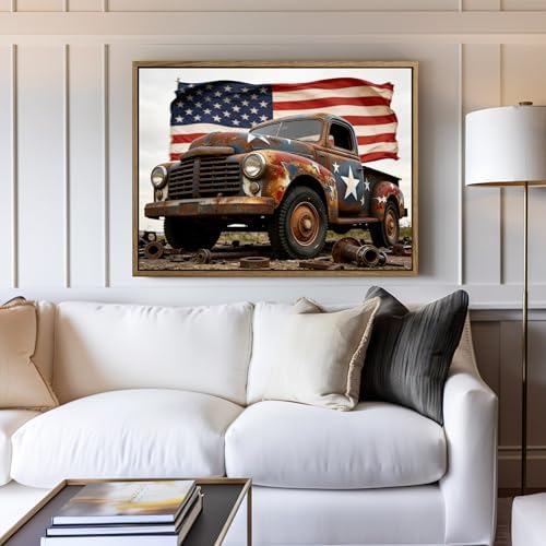 American Flag Framed Canvas Wall Art, 4th of July Patriotic Canvas Prints | USA Flag with Truck Poster Print, Vintage Independence Day Wall Decor for Bedroom Living Room Dining Room Office 16×20in