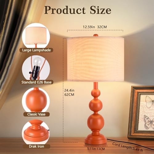 Ziqqeelam 24.4'' Orange Mid Century Modern Table Lamps Set of 2 for Living Room Bedroom Bedside Nightstand, Contemporary Table Lamp for Bedside, End Table Side Table Lamp (Bulbs Not Includes)