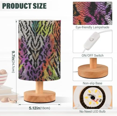 Table Lamp Colorful Tie Dye Snake Print Animal Skin Pattern Nightstand Lamp with Wood Base Fabric Lamp Shade Bedside Desk Lamp for Living Room Bedroom Kids Room Office