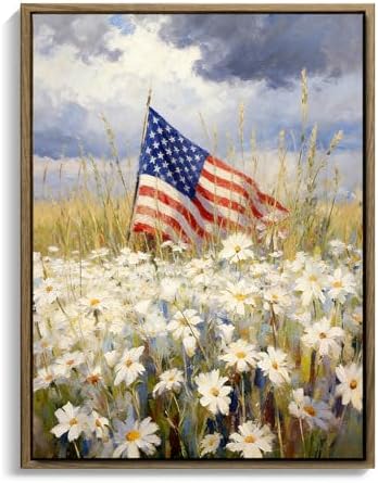 American Flag Framed Canvas Wall Art, 4th of July Patriotic Canvas Prints | Wildflower Landscape Poster Print, Vintage Rustic Independence Day Wall Decor for Bedroom Living Room Office 24×32in