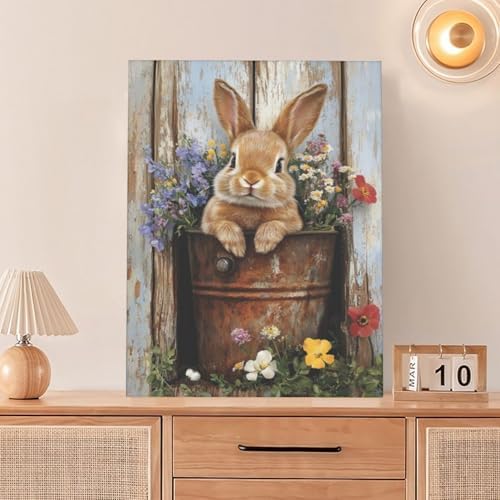 Crekviy Farmhouse Rabbit Decor Wall Art Vintage Bunny Flower Canvas Prints Painting Rustic Cute Animal Artwork Home Decorations for Bathroom Bedroom Living Room Framed Gifts 12"x16"
