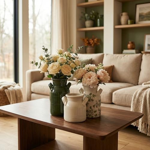 Ceramic Vase Set of 3 with Two Handles, Green White Neutral Rustic Modern Farmhouse Boho Decor, Versatile as Table Centerpiece or Mantel & Shelf Accent - Unique Home Gift Idea