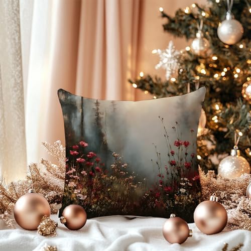 Vintage Moody Red Floral Pillow Cover 18x18 Double-Sided, Dark Gothic Misty Forest Landscape Decorative Throw Pillow Cover for Home Bedroom Living Room