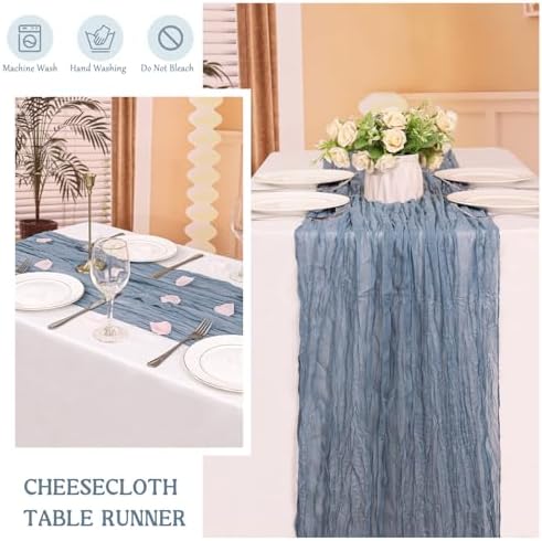3 Pack 120 Inch Dusty Blue Cheesecloth Table Runner Boho Rustic Gauze Sheer Romantic 10 FT Long Cheese Cloth Table Runner for Bridal Baby Shower Wedding Party Birthday Holiday Home Easter Decor