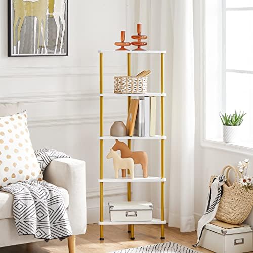 HOOBRO Corner Shelf Stand, Industrial 5-Tier Wall Corner Bookshelf with Metal Frame, Plant Display Shelf, Bookcase for Small Spaces, Bedroom, Living Room, White and Gold DW33CJ01