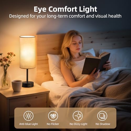 Table Lamp for Bedroom, High-Sensitivity Touch, AC Outlet, USB A+C