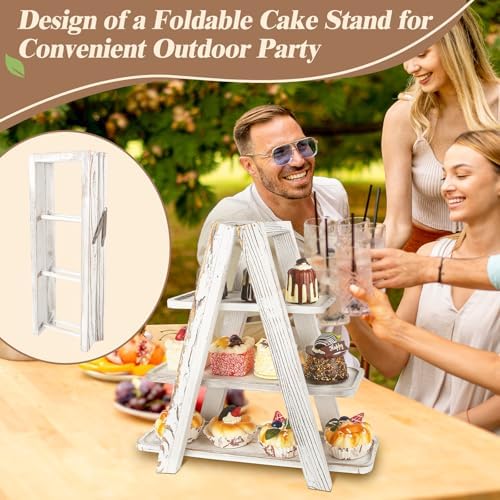 Wisreach Wooden 3 Tier Cupcake Stand with Swing and Flower Decoration Serving Removable Tray Display Serving Ladder Foldable Stand with Serving Platter Tray Party Food Display Set for Cake Snack Fruit Chips Bread Centerpieces Catering