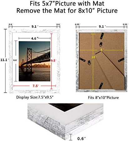 BAIJIALI 8x10 Picture Frame Distressed White Wood Pattern Set of 4 with Tempered Glass,Display Pictures 5x7 with Mat or 8x10 Without Mat, Horizontal and Vertical Formats for Wall and Table Mounting