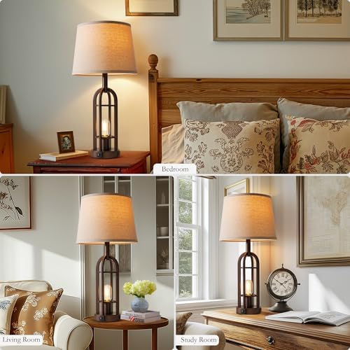 SRJJA Table Lamps for Living Room End Table Set of 2 - Farmhouse Industrial Bedside Lamps for Bedroom Nightstand with Nightlight and USB A+C, 4 Bulbs Included