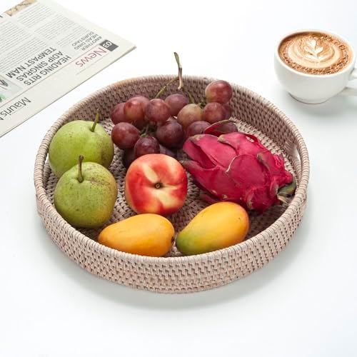 14" Round Rattan Tray, Hand Woven Serving Tray with Handles, Wicker Serving Basket, Decorative Tray for Home Decor, Whitewash