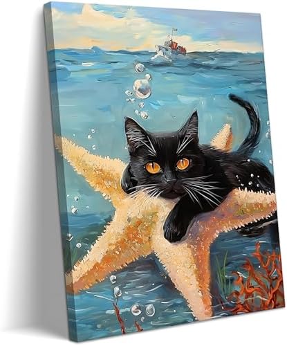 Framed Black Cat Ocean Wall Art, Cute Cat Holding Starfish Canvas Print, Funny Animal Lovers Sea Life Painting Picture for Bathroom Bedroom Kids Room Home Decor 12x16 Inch
