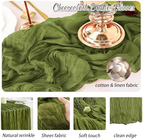 Olive Green Cheesecloth Table Runner 6 Pack 35" Boho Gauze Runner 120 inches Long Runner Rustic Sheer Fabric Bulk for Baby Shower Wedding Bridal Birthday Party Table Decorations