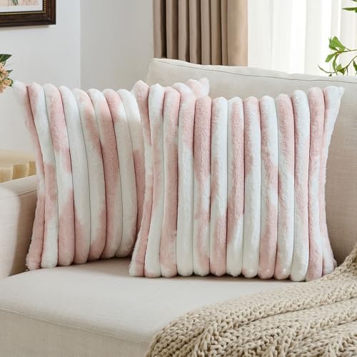 FUTEI Pack of 2 Faux Fur Throw Pillow Covers 24x24 Inch, Pink White