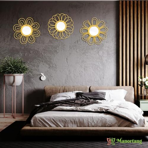 Gold Mirrors 3 Piece, 9 inch Flower-Indoor Shaped Mirror Hanging Wall Decor | Indoor Decorative Mirror Wall Art,Round Mirrors for Bedroom Wall Hanging,Living Room,Bathroom,House Warming Festival Gifts