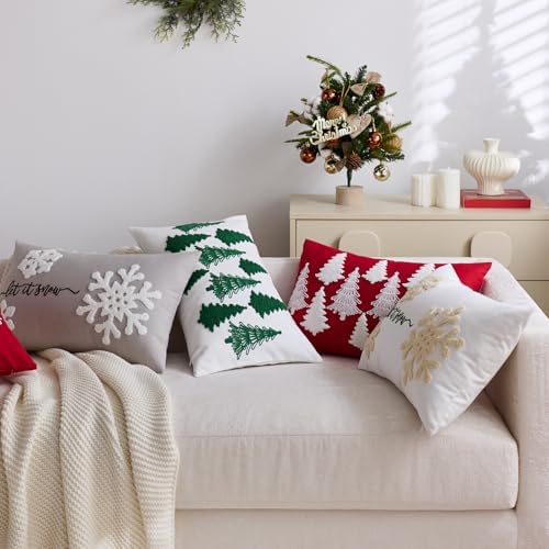 White Christmas Pillow Covers 12x20 Inch Embroidery Green Xmas Trees Decorative Lumbar Throw Pillow Cover Winter Holiday Pillow Case Cushion Cases for Sofa Couch Living Room Decorations