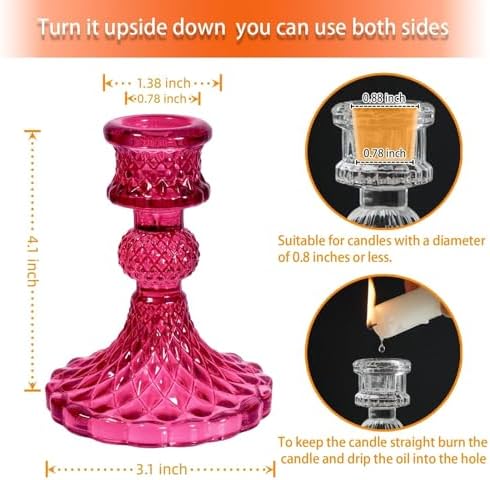 Glass Candlestick Holder,Striped Taper Candle Holders,Set of 6 Candle Stand for Table Centerpieces, Home Decor,Weddings,Festival and Parties (GCH002-Purple Dimond)