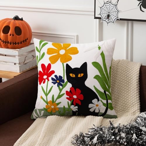 Merrycolor Embroidered Pillow Covers 18x18 Black Cat and Flower Pattern Decorative Throw Pillow Covers Comfortable Cotton Canvas Square Couch Cushion Cases for Sofa Bed Living Room Decor