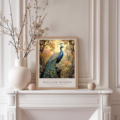 Poster Master William Morris Poster - Peacock Print - Bird Art - Botanical Art - Flower Design - Exhibition Artwork - Animal Illustration - Floral Illustration - Aesthetic Office or Bedroom Decor - 8x10 Beige Framed