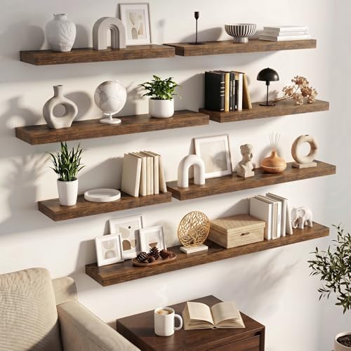FLYJOE 48 Inch Floating Shelves for Wall Set of 2, 6.5" D Wood Grain Bathroom Shelves with Invisible Brackets, Easy Install Engineered Wood Storage Shelves for Kitchen, Living Room, Bedroom
