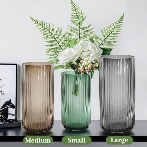 11 Inches Tall Amber Ribbed Vase for Flowers, Glass Vase for Centerpieces, Dining Table, Countertops, Entryway, Thick Decorative Vases for Home Decor, Living Room, Kitchen, Bedroom, Office