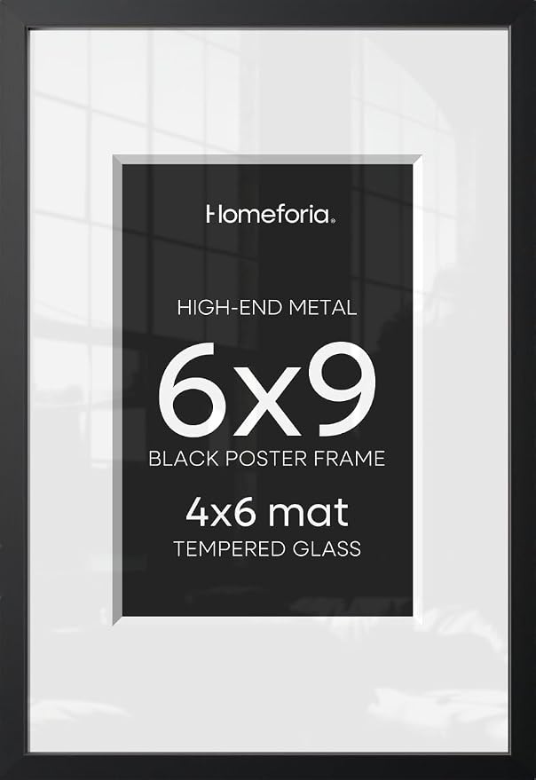 Homeforia 6x9 Black Picture Frame, High-End Metal, 4x6 Mat, Glass
