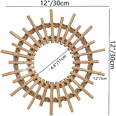 OYPEIP 12" Small Natural Rattan Sunburst Bohemian Hanging Glass Decor,Rustic Handwoven Innovative Art Decoration Round Makeup Mirror for Dressing Living Room Bedroom Bathroom Corridor,Entryway