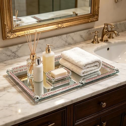 Large Mirror Perfume Tray for Dresser,Pink Crushed Diamond Filled