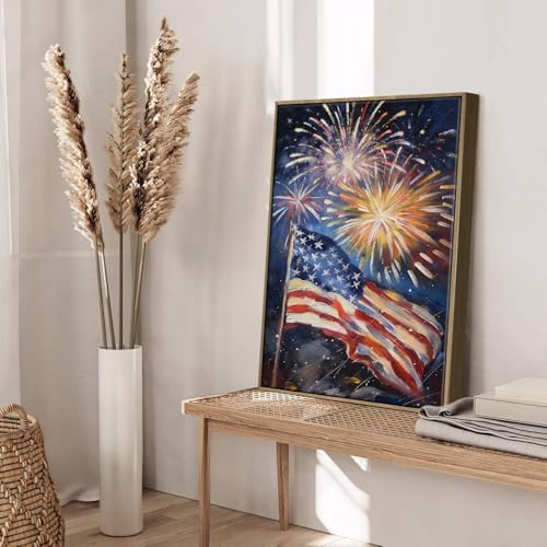 American Flag Framed Canvas Wall Art, 4th of July Patriotic Canvas Prints | USA Flag with Fireworks Poster Print, Modern Independence Day Wall Decor for Bedroom Living Room 20×24in