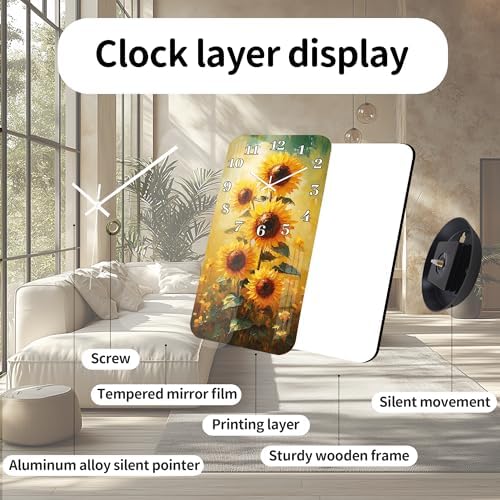 Farmhouse Wall Clock for Bathroom - 12 Inch Yellow Sunflower Wall Clocks Battery Operated - Wooden Vintage Floral Wall Clock Fall Decoration for Home Living Room Bedroom Kitchen Decor