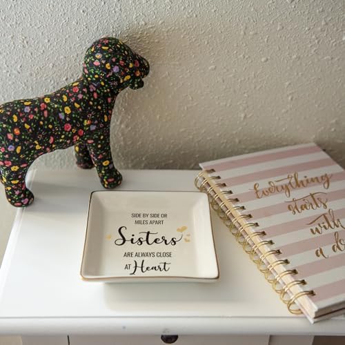HOME SMILE Sister Gifts From Sister Ring Dish Tray, Valntine's Day Galentines' Gifts For Sister-Sister Will Always Be Connected By Heart Jewelry Dish Birthday Wedding Gifts For Sister