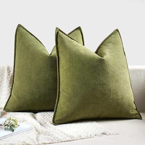 MIULEE Pack of 2 Moss Green Euro Shams Chenille Pillow Covers 22x22 Inch