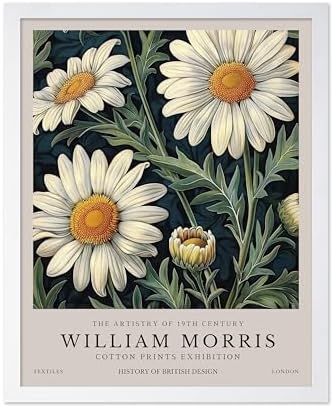 Monem Art William Morris Poster - Daisy Flower Print - White Art - Botanical Art - Exhibition Artwork - Floral Design - Textile Illustration - Aesthetic Bedroom or Office Decor - 8x10 White Framed
