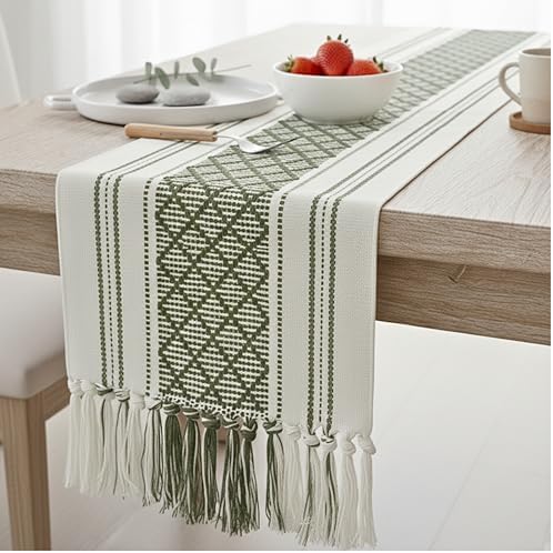 Short Dining Table Runner Coffee Table Runner with Boho Tassels 14 x 48 Inches, Olive Green & Off White Cotton Woven Washable Dresser Runner and Topper for Bedroom, Farmhouse Table Decorations