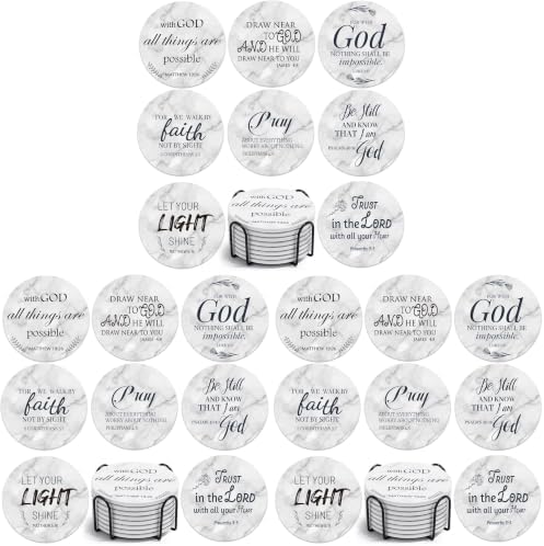 Billbotk Ceramic Coasters with Bible Verses, Coasters Set of 8 with Holder, Absorbent Drink Coasters for Home Decor and Christian Gifts, 4 Inches (Pack of 3)