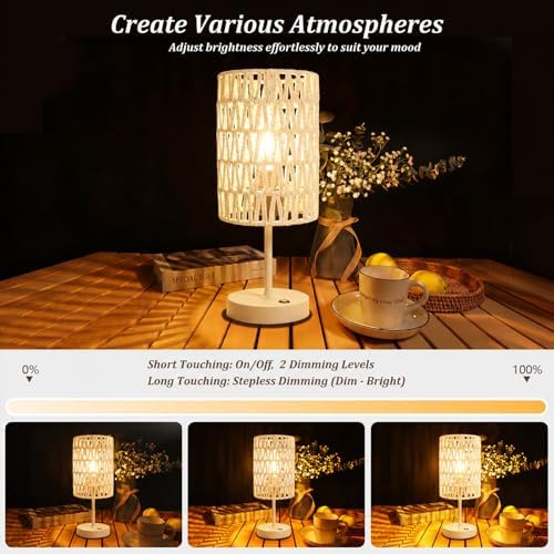 Boho Cordless Outdoor Table Lamps, Rechargeable Battery Operated Rattan Table Lamps, Stepless Dimmable, for Covered Patio, Porch, Gazebo, Living Room, Bedroom Decor- Set of 2 (Ivory White)
