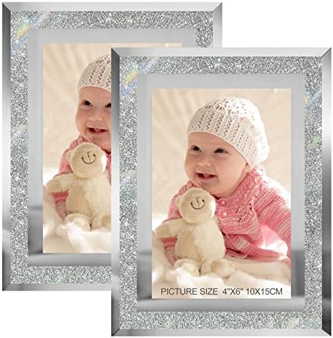 HIKWADERY 4x6 Picture Frames Silver - Set of 2, Sparkle Real Glass 4 by 6 Photo Frame Mirrored Edge Great Gift, for Tabletop Display, Wedding Birthday Mothers Day Gifts (4 x 6, Glitter Silver)