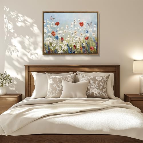 Wildflower Field Framed Canvas Wall Art, 4th of July Canvas prints | Vintage Rustic Landscape Poster Print, Independence Day Wall Decor for Bedroom Living Room 11×14in