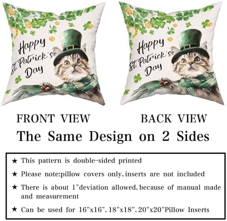 Giwawa Patrick Cat Throw Pillow Covers Set of 2, 20x20in Happy St Patrick's Day Kitten Decorative Square Pillow Cases, Clover Shamrock Soft Cotton Cushion Covers for Sofa Couch Bedding Decor