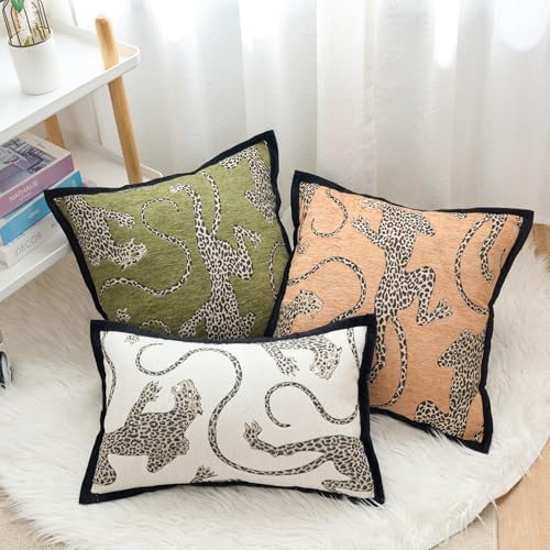 Premium Series, Snow Leopard Throw Pillow Covers, Animal Jacquard Cushion Cases for Home Decor, Chenille Velvet Double-Sided Designs, Brown Yellow, 20 x 20 inch, Covers Only