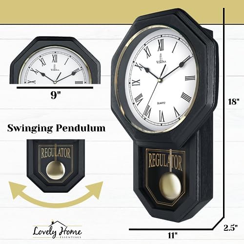Pendulum Wall Clock, Real Wood Regulator Clock, Black, Quiet Non-Chiming