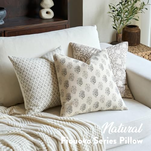 FIOUOVO Floral Vintage Throw Pillow Covers 18x18 Pillow Cover Block Print Decorative Cushion Covers Farmhouse Neutral Accent Home Décor for Sofa Couch Living Room Bedroom, 1PC, Light Taupe