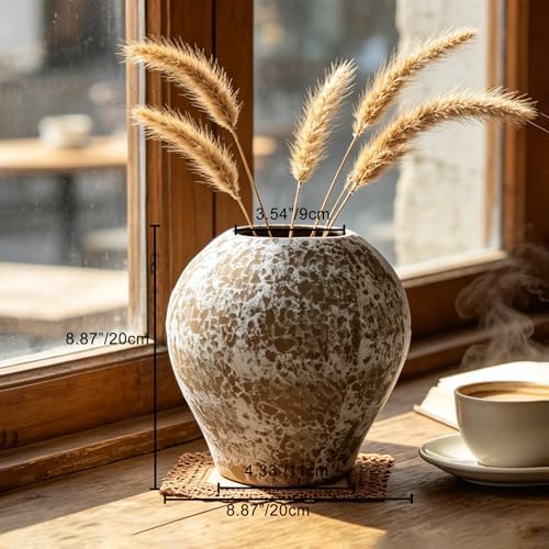 AOZITA Ceramic Flower Vase, 8.7" Tall Large Rustic Farmhouse Bulb Vase with Textured Finish,Vintage Home Decor for Living Room, Kitchen, Bedroom & Office,Antique