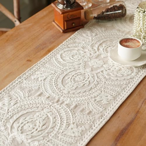 Long Table Runner Embroidered Rustic Decor, Beige 14"x94"