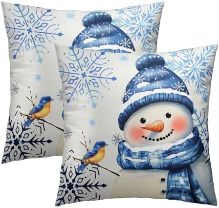 Winter Snowman Throw Pillow Covers 20x20 inch Set of 2 Christma Snowman Blue Snowflakes Bird Decorative Pillowcase Xmas Holiday Cushion Cover for Home Sofa Patio