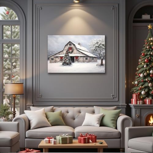 Framed Christmas Wall Art 20x30inch, Farmhouse Barn Pictures Wall Decor Winter snow Scene Canvas Painting Print Home Artwork Decorations for Bathroom Living Room Bedroom