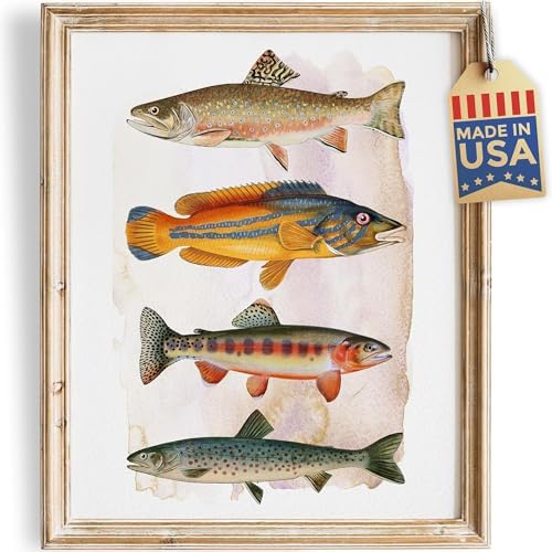 DREAM BIG PRINTABLES Four Fish Art Print - 8x10 (Unframed) | Vintage Fishing Wall Decor for Fisherman