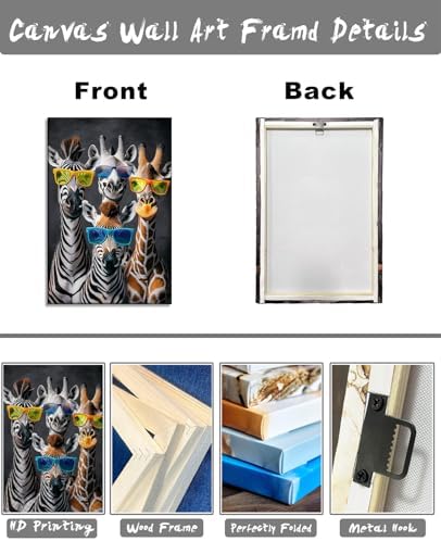 Zebra Canvas Wall Art Funny Zebras with Glasses Picture Black Poster Animal Painting Modern Prints Living Room Bedroom Home Office Decor Framed(12.00"x18.00")