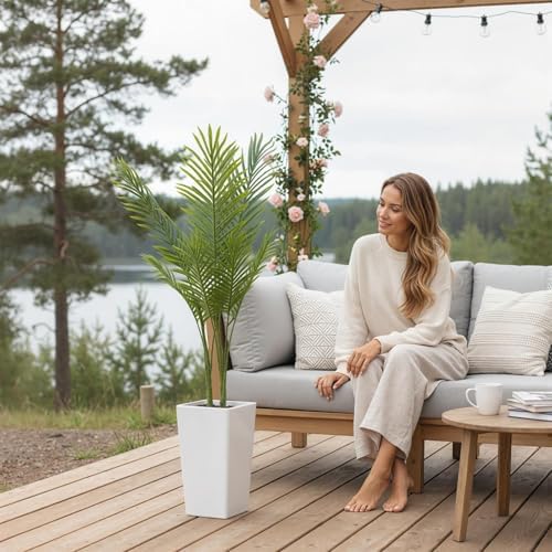 Artificial Palm Tree in White Tall Planter, 4.8FT Faux Tropical Plants Artificial Tall Trees with Lifelike Leaves for Indoor Outdoor Front Door Living Room Office